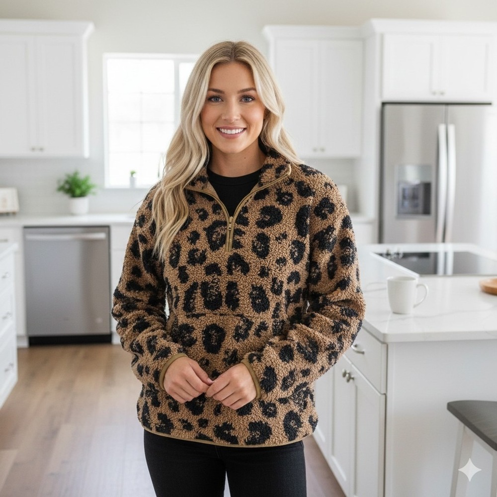New SKIMS Cozy Knit Leopard Half Zip Up Sweater Sweatshirt Top S M Small Medium